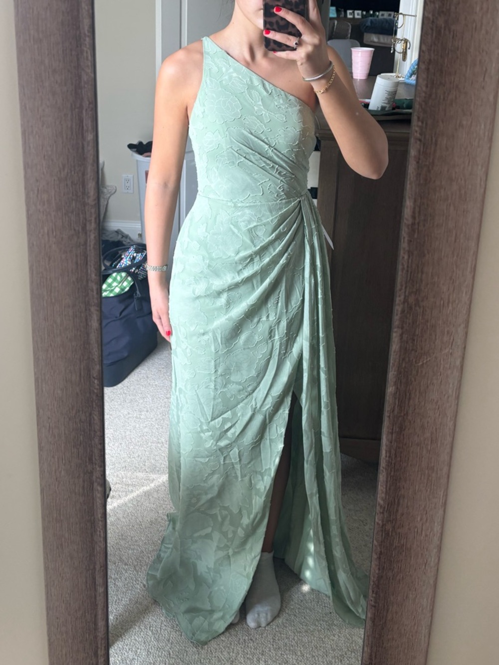 Azazie Dusty Sage Sheath One Shoulder Floral Burnout Dress